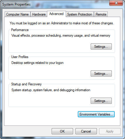 System Control Panel Advanced Tab